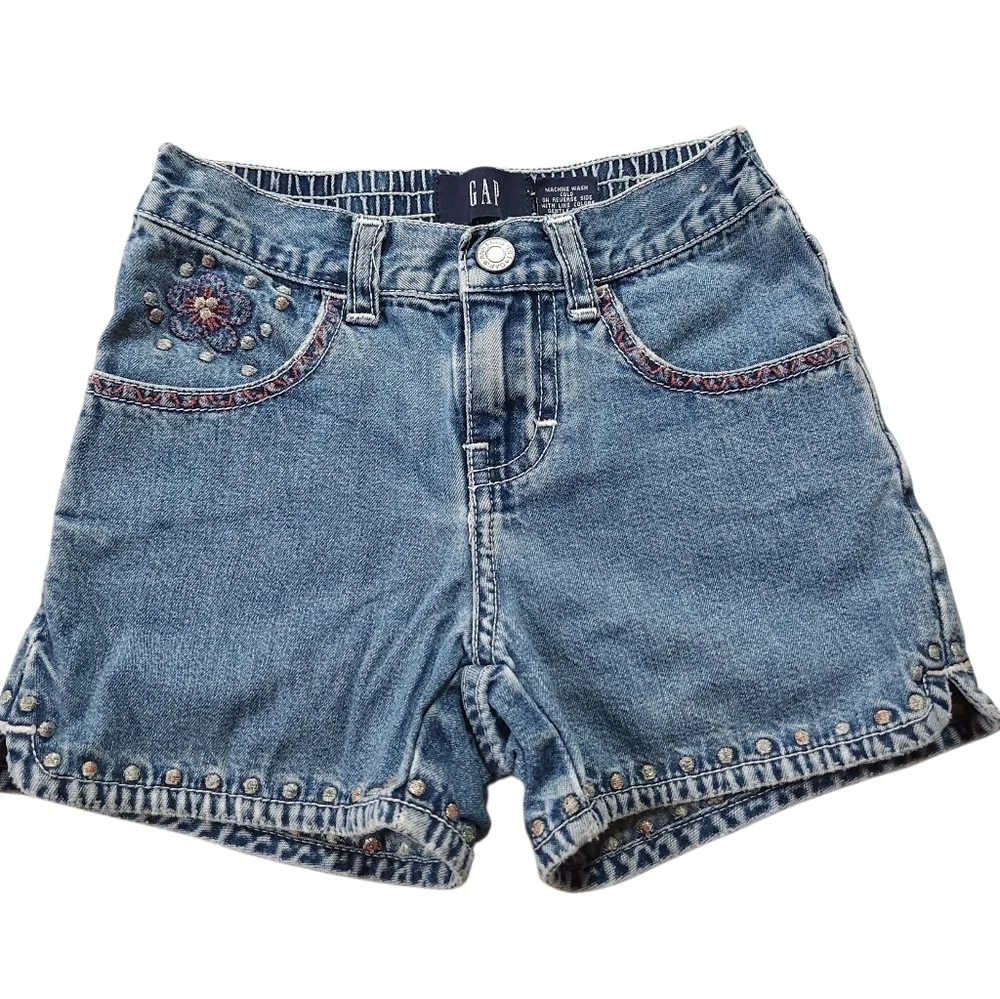 Vintage Kids Gap Cute Floral Embroidered Crochet Jean Shorts Size 3